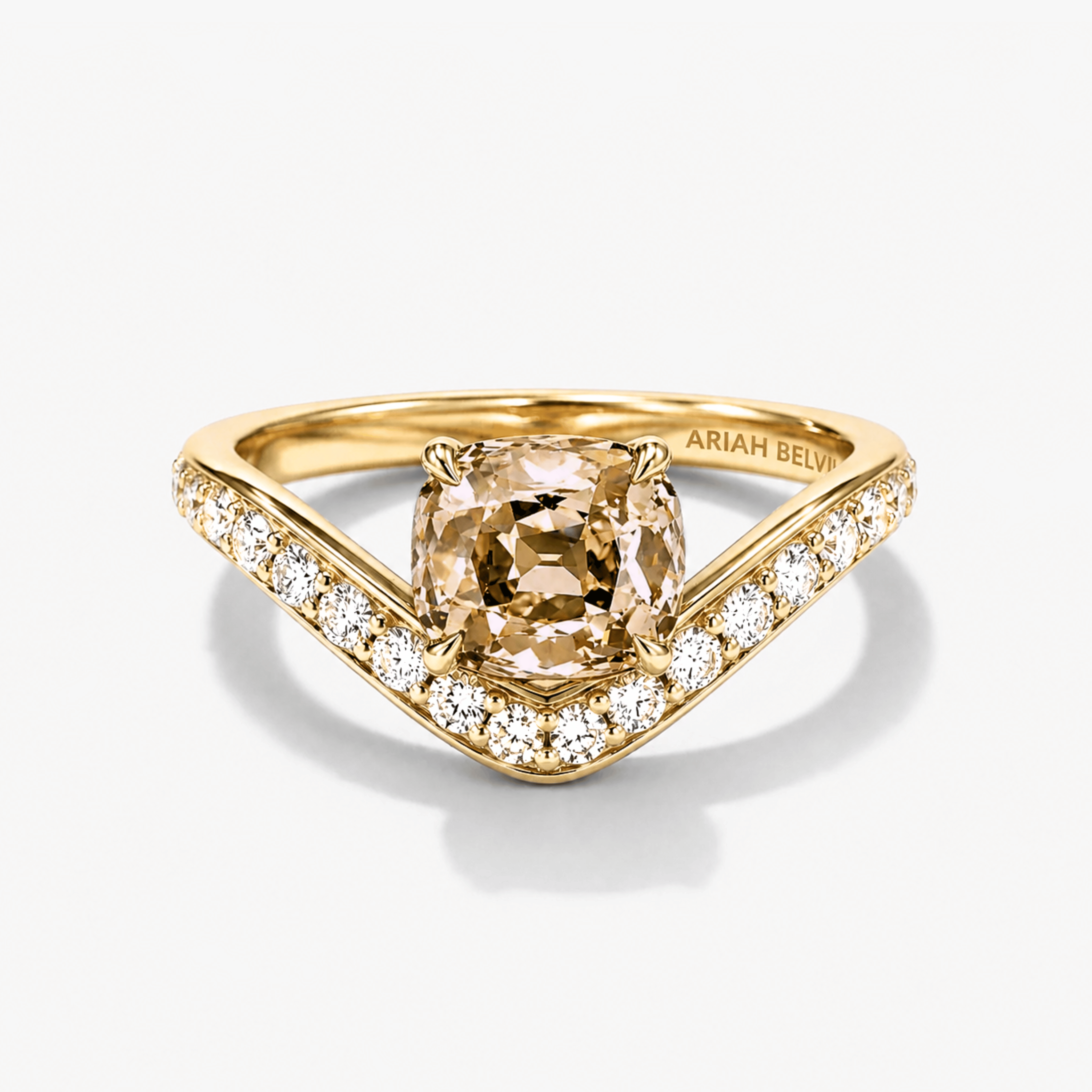 Cognac Cushion Cut Diamond Engagement Ring with Curved Pavé Band