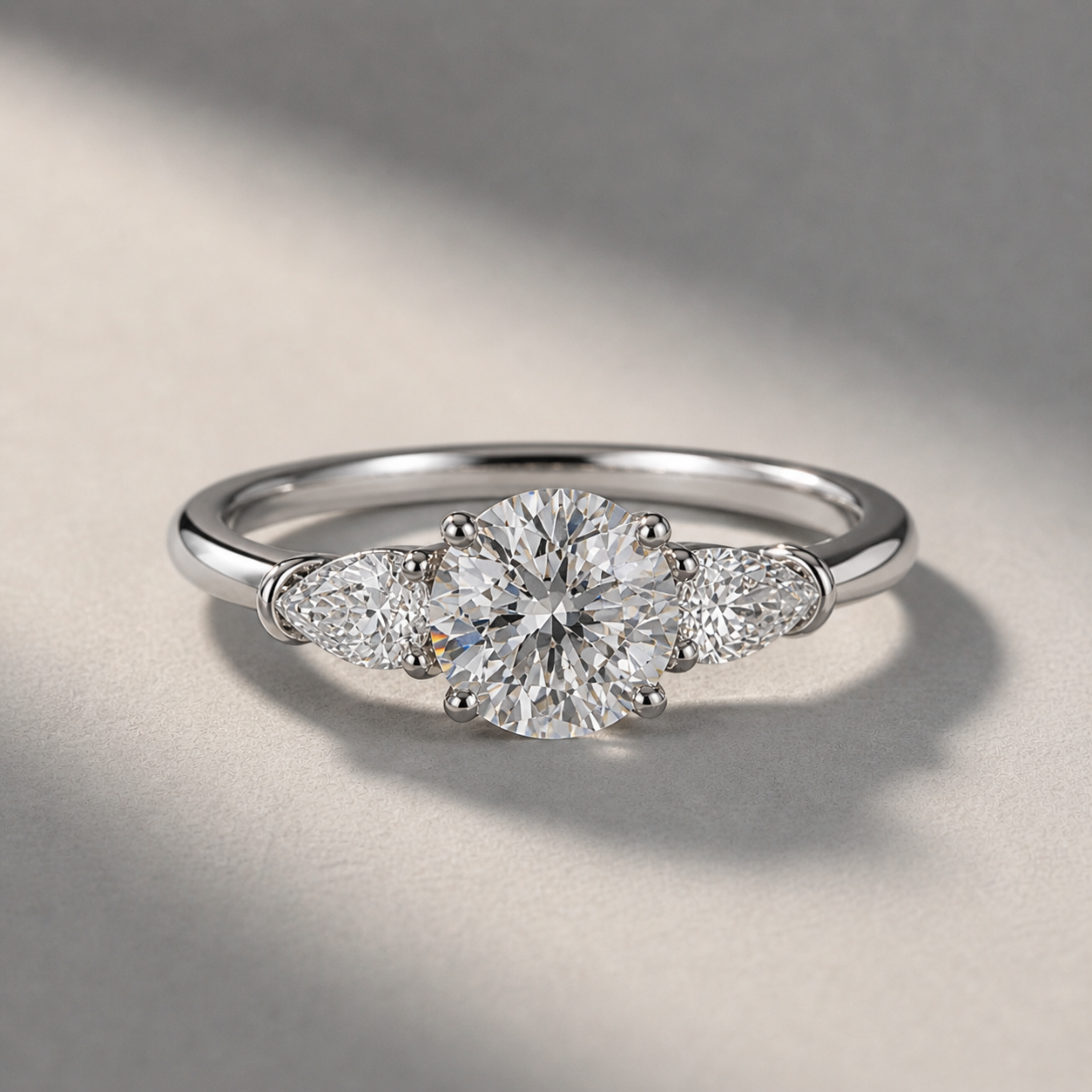 1ct Round Brilliant Diamond Flanked by Pear Shaped Accents