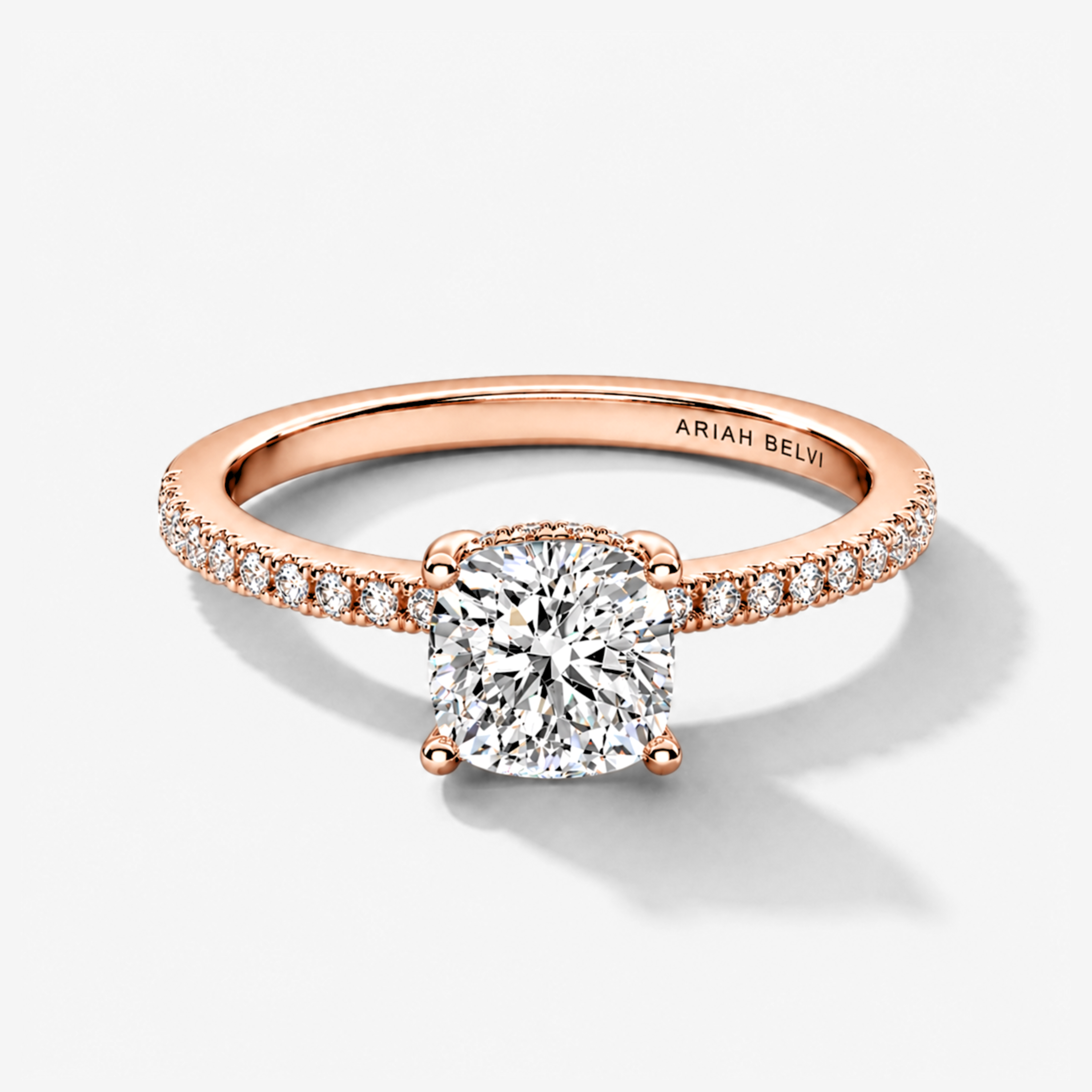 Cushion Cut Diamond Engagement Ring with Pavé Band and Hidden Halo