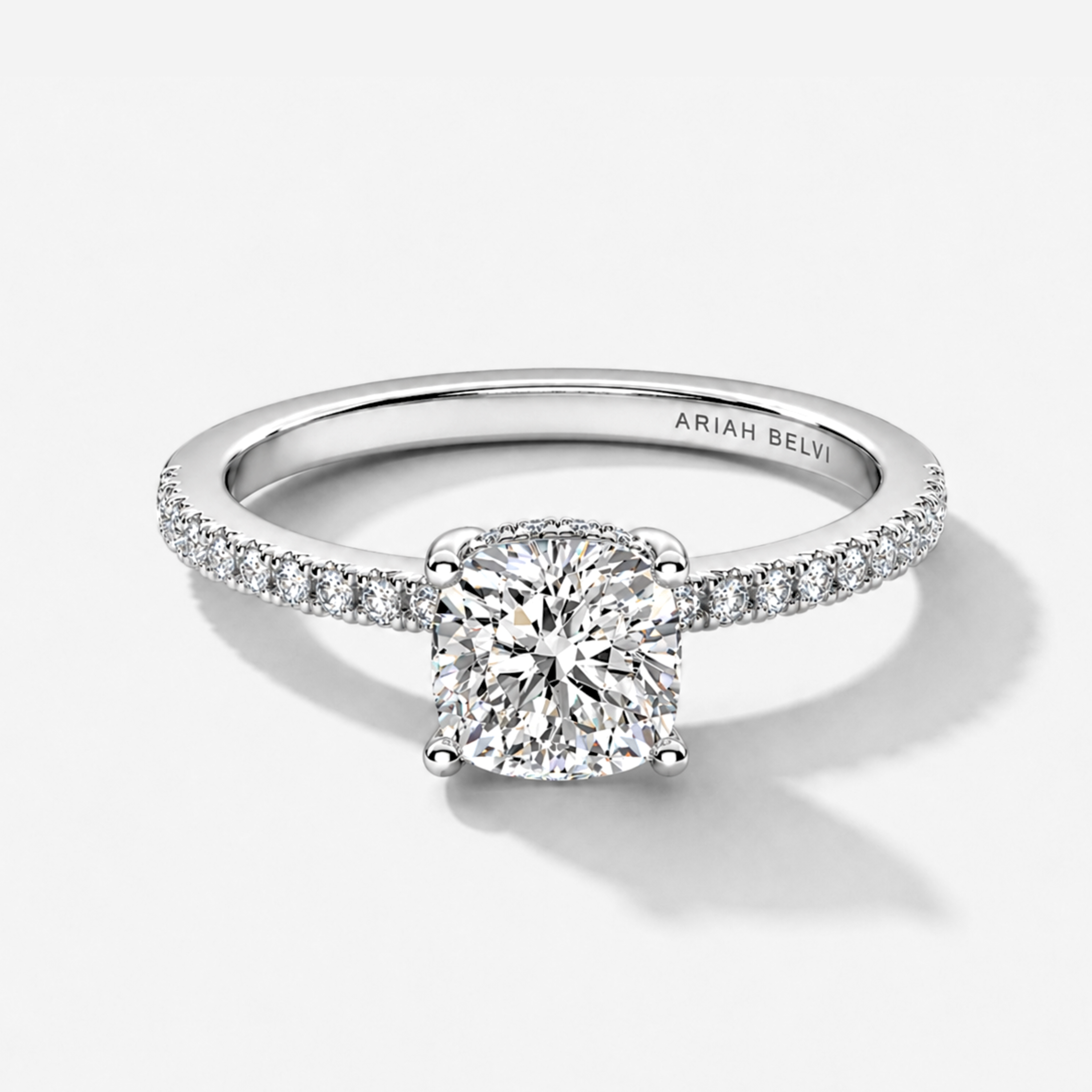 Cushion Cut Diamond Engagement Ring with Pavé Band and Hidden Halo
