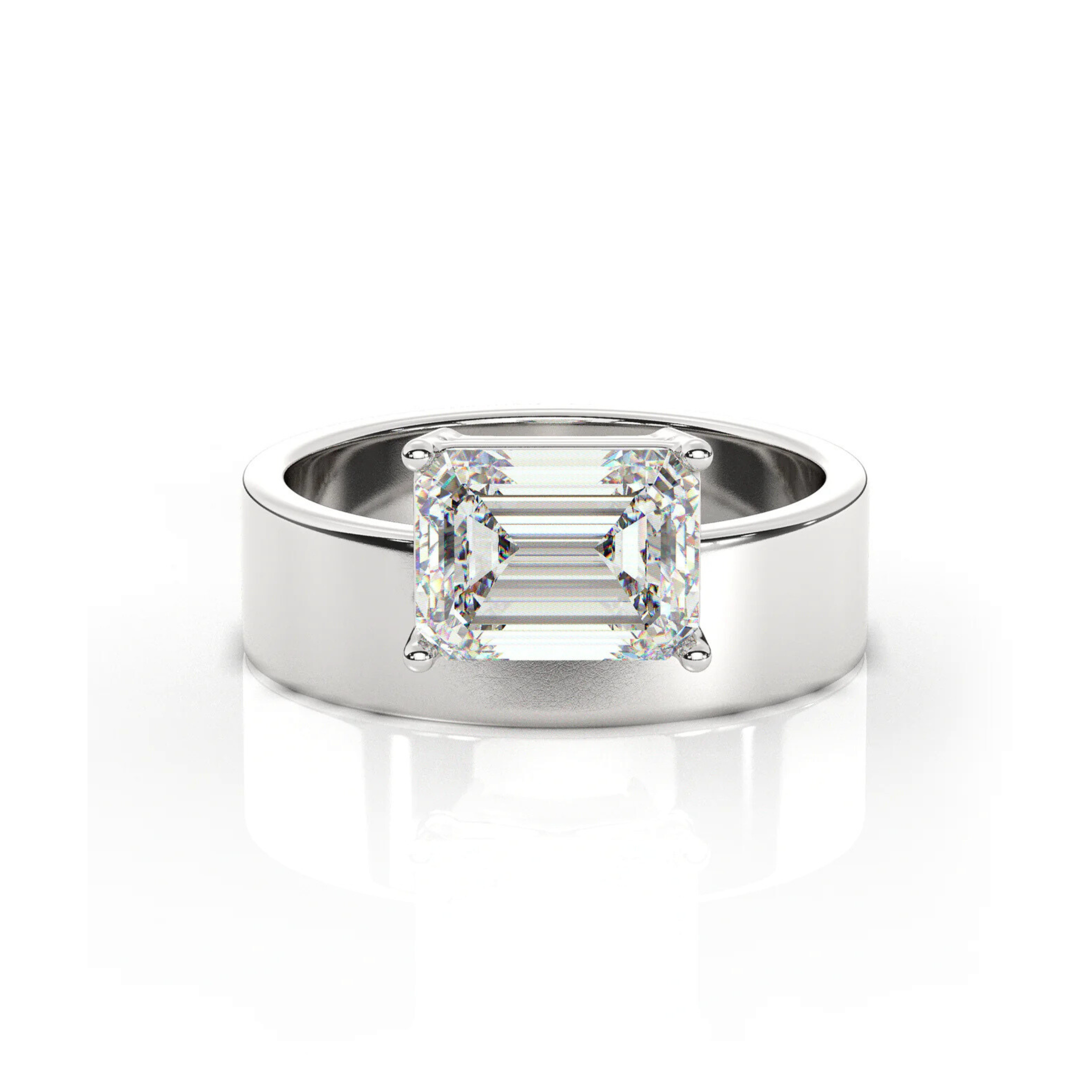 East-West Set Emerald Solitaire Diamond Ring and Cigar Band Set