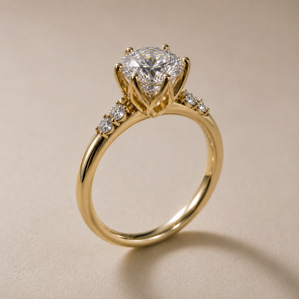0.70ct Round Brilliant Diamond Ring with Petite Side Accents in 14k Yellow Gold