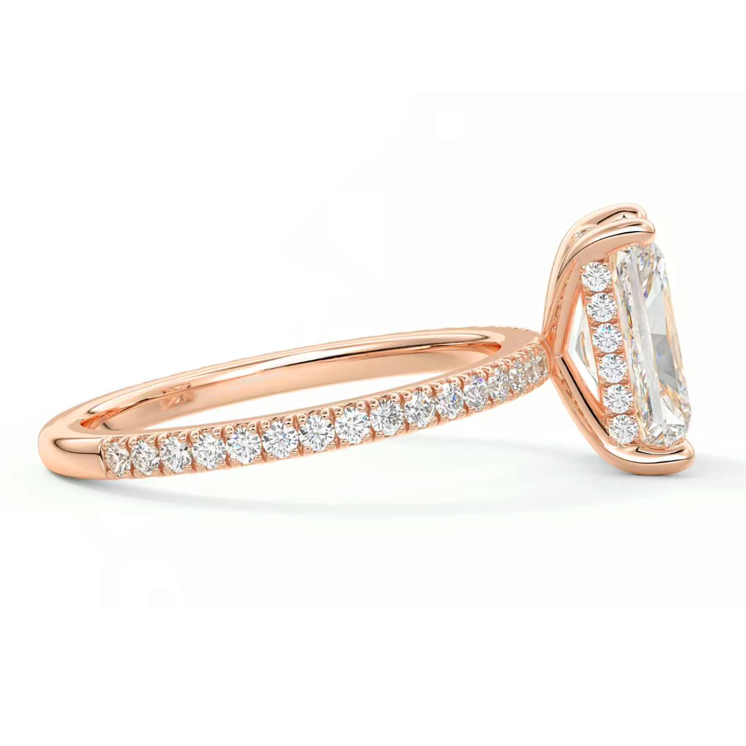 Radiant Cut Diamond on a Pavé Band with a Hidden Halo Rose Gold