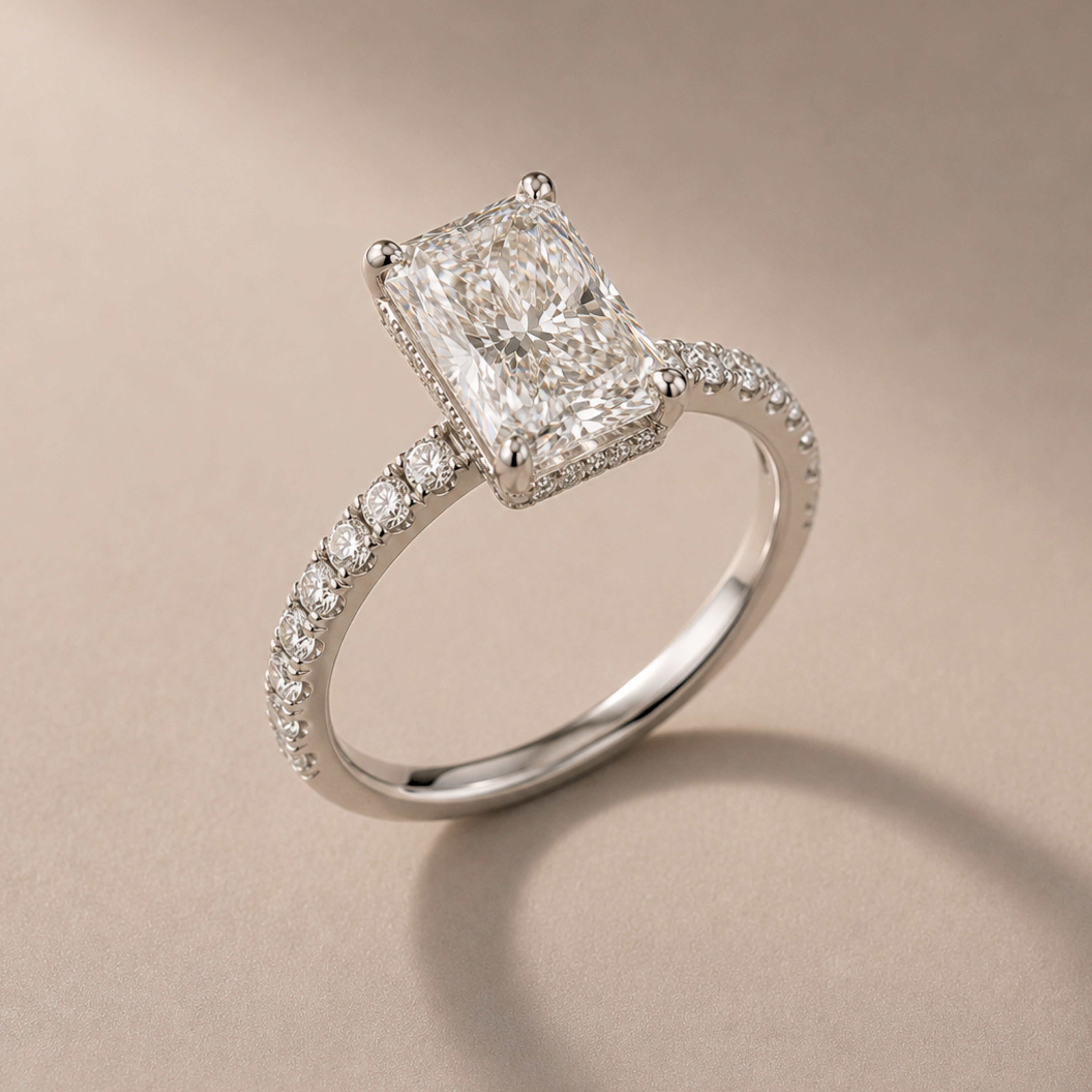 1,9ct Radiant Cut Diamond on a Pavé Band With a Hidden Halo