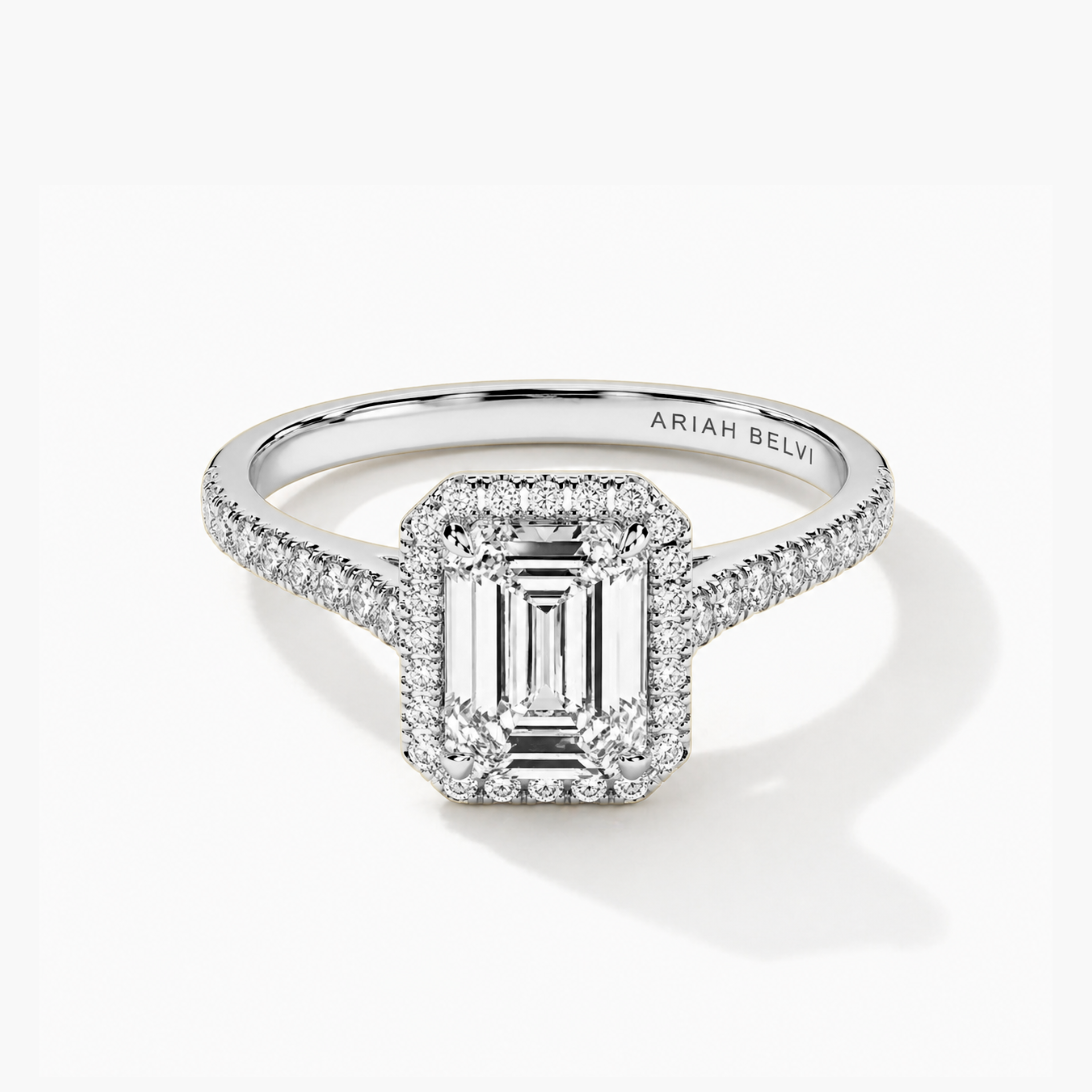 Emerald Cut Diamond Halo Engagement Ring with Pavé Band
