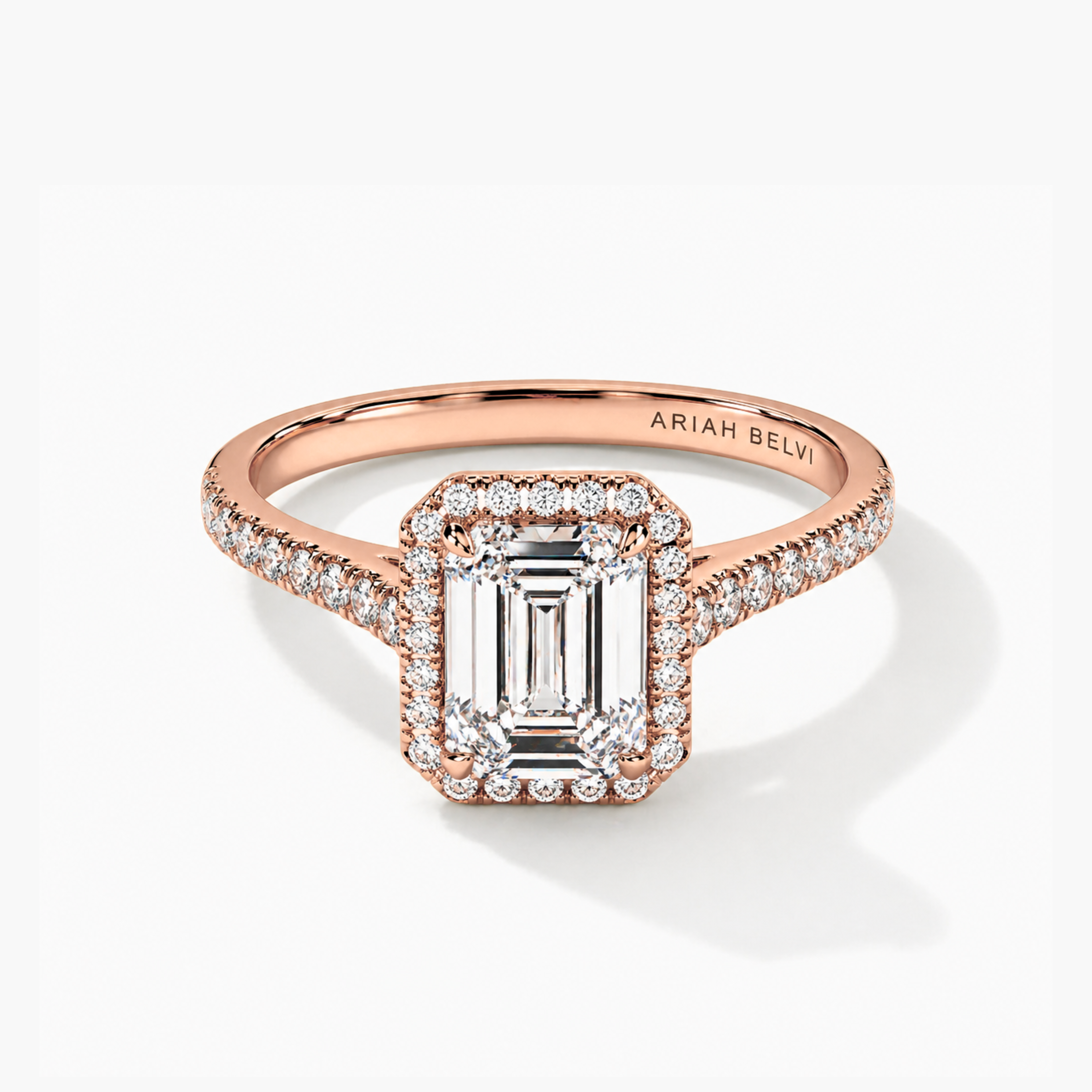 Emerald Cut Diamond Halo Engagement Ring with Pavé Band