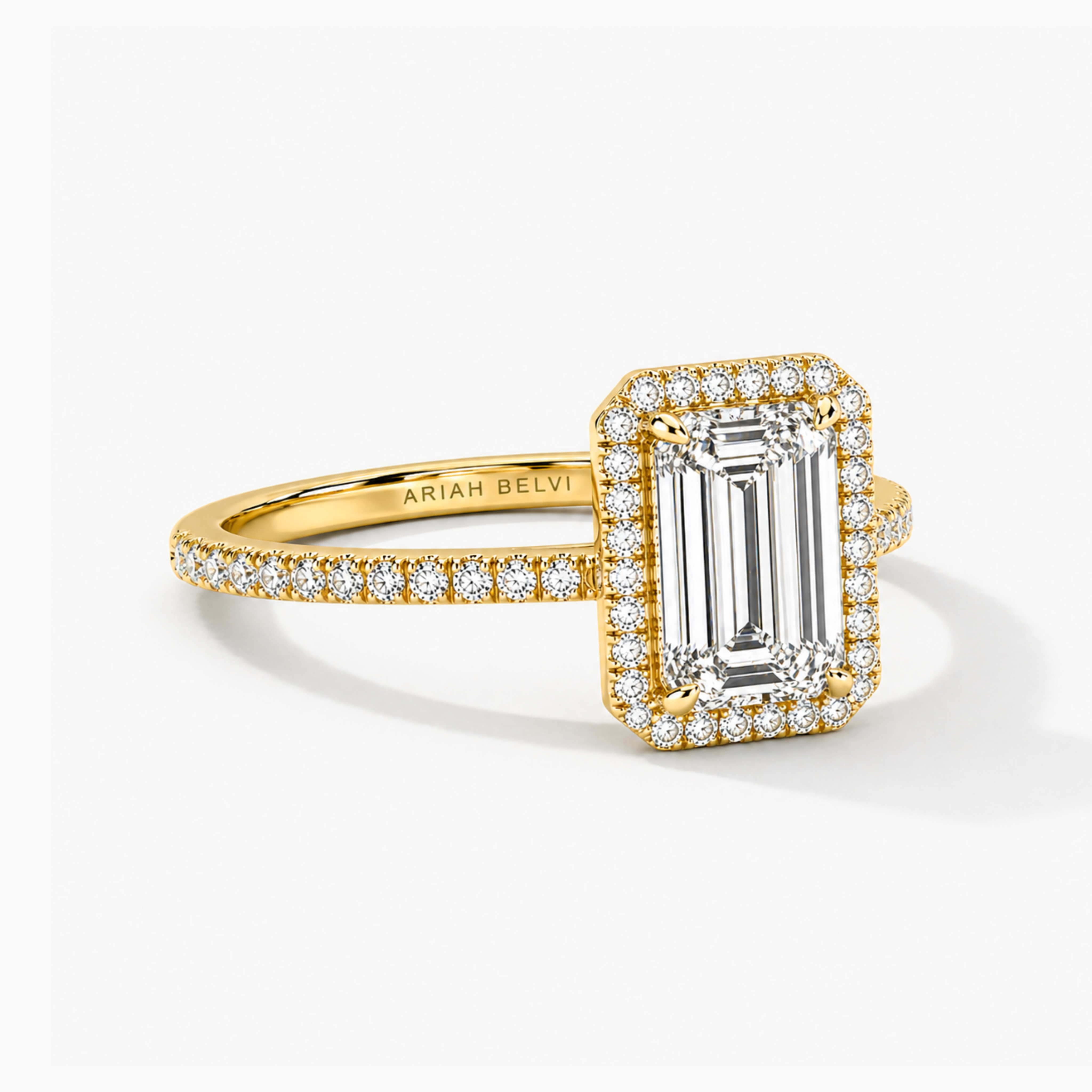 Emerald Cut Diamond Halo Engagement Ring with Pavé Band