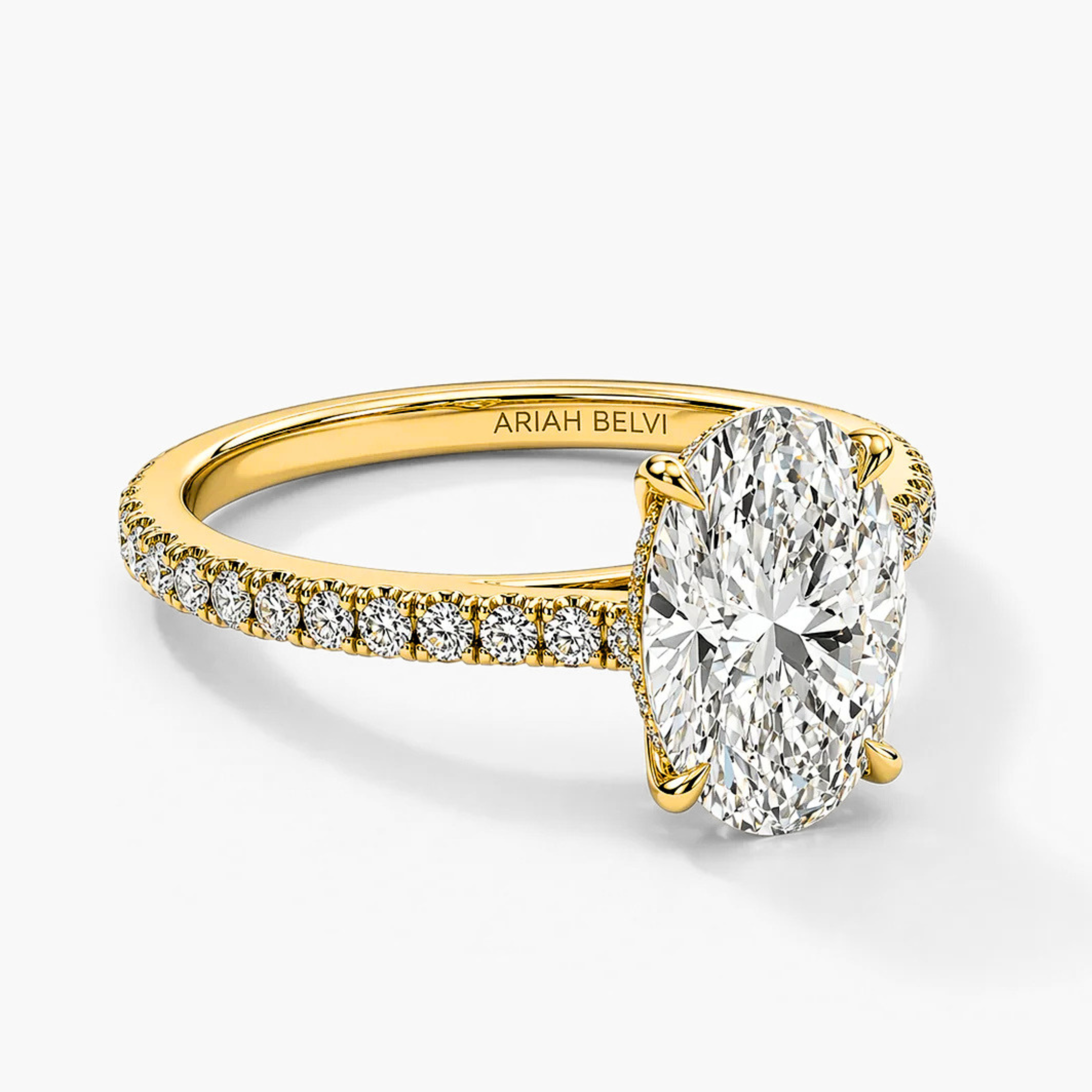 Oval Diamond Engagement Ring with Pavé Band and Hidden Halo