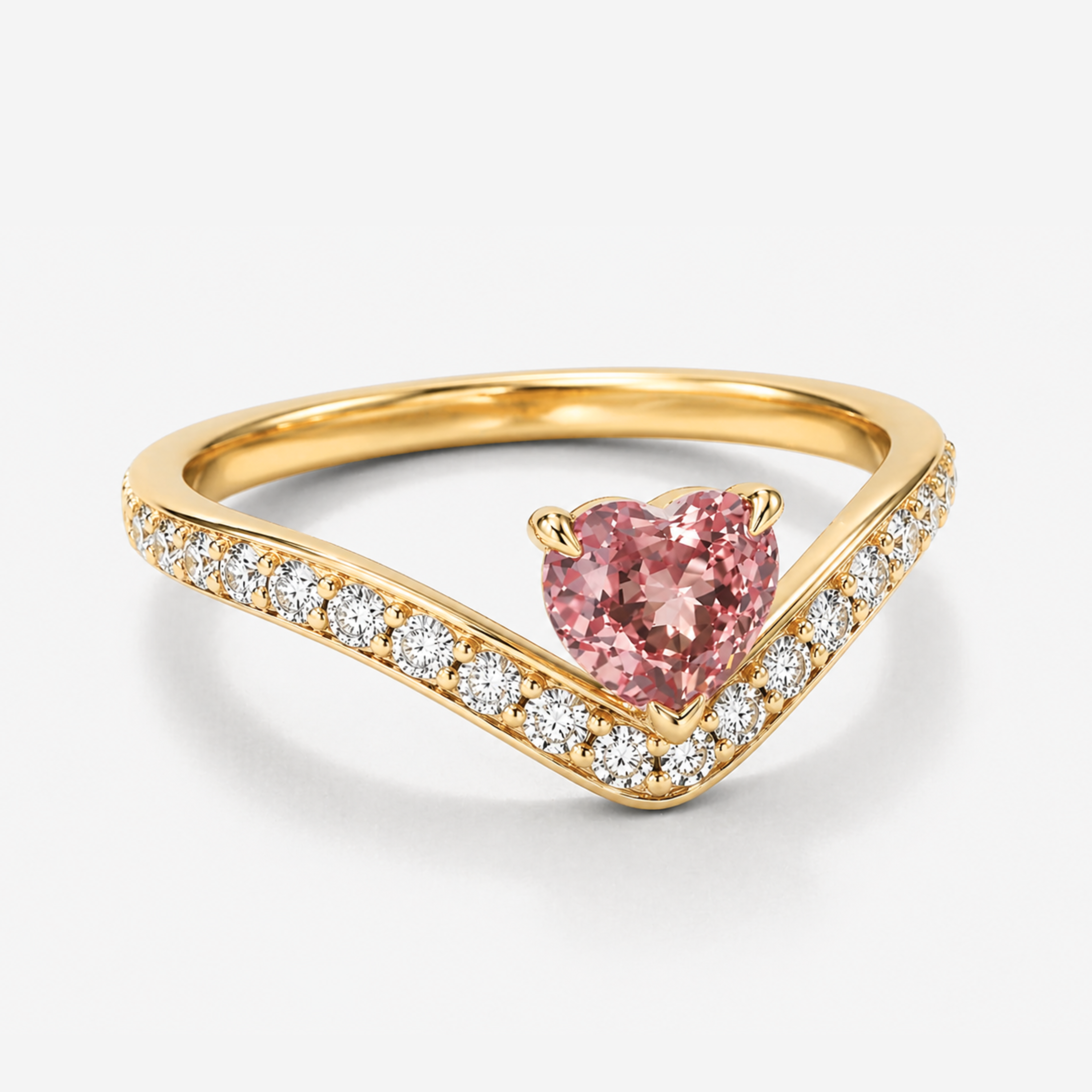 Heart cut pink tourmaline curved diamond ring in yellow gold 3/4 view