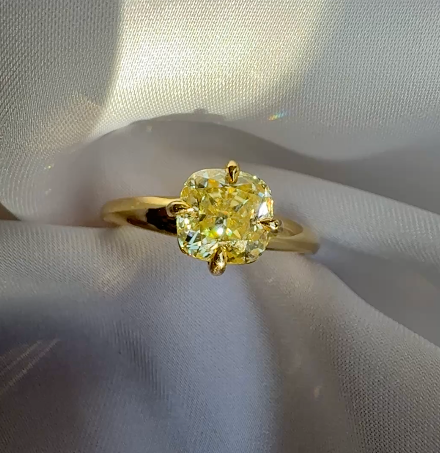1.5 Carat Fancy Yellow Cushion Cut Diamond Compass Set Engagement Ring