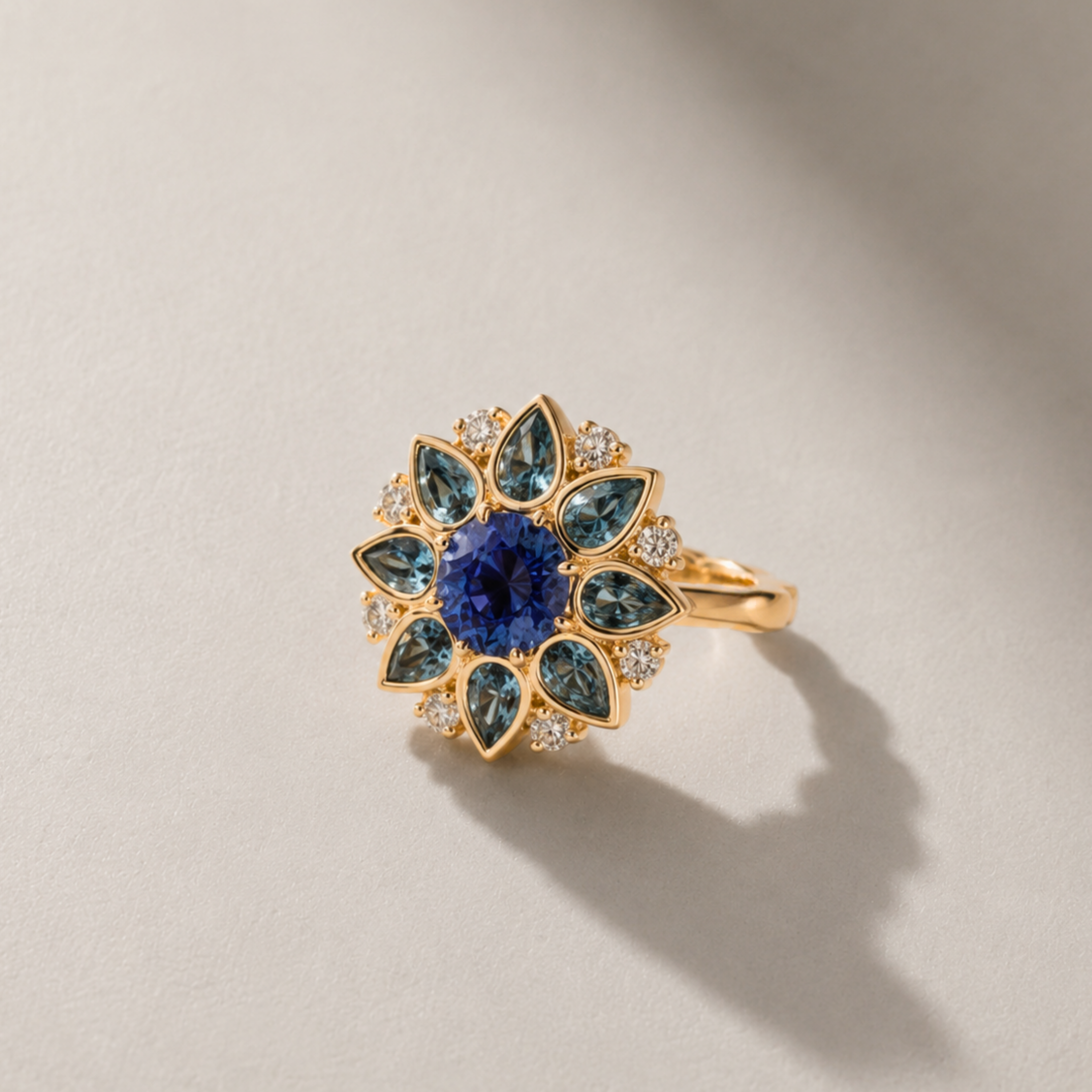 Unheated sapphire ring with bezel-set aquamarine pear gemstones and diamond halo in yellow gold by ARIAH BELVI