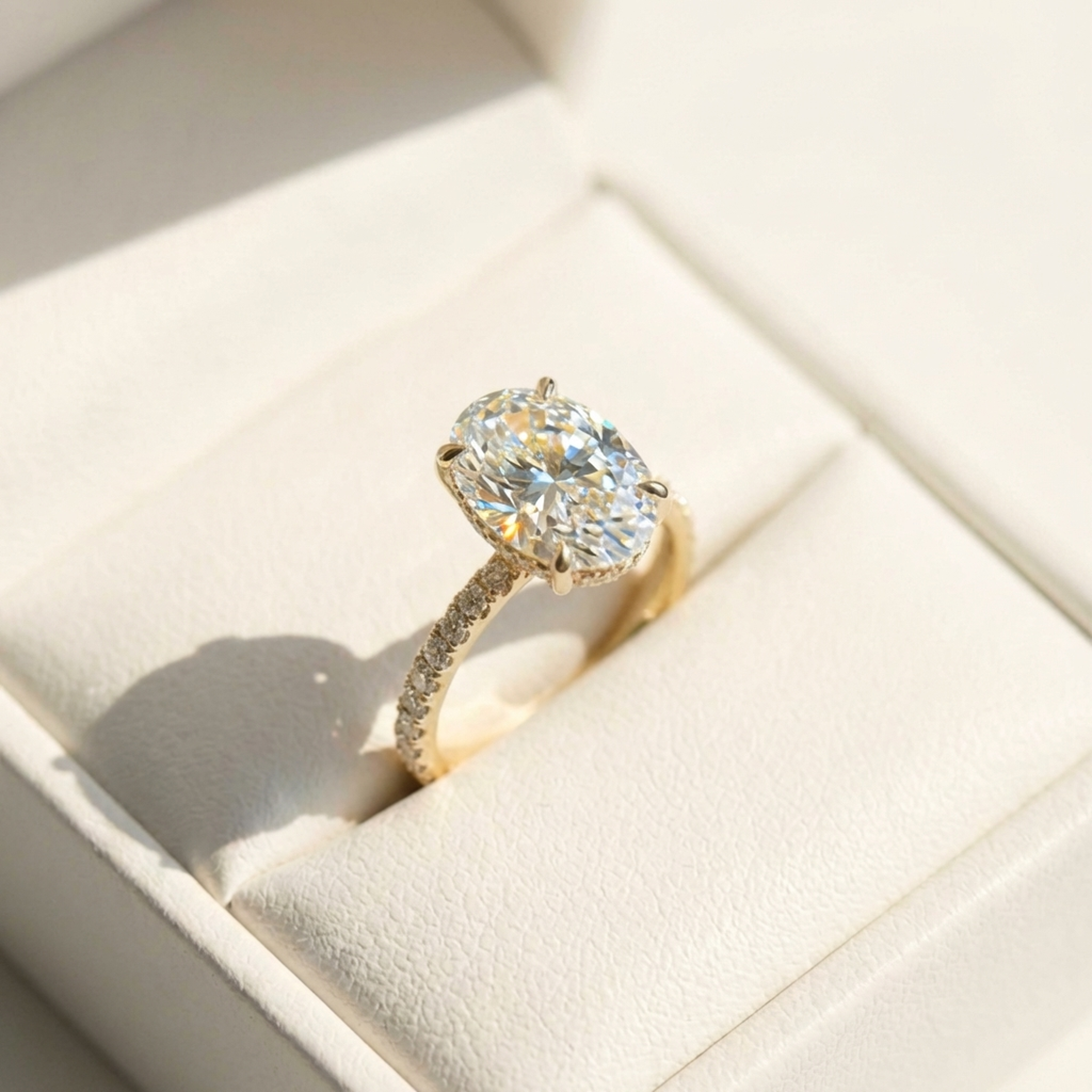 ARIAH BELVI oval diamond pavé hidden halo engagement ring in yellow gold displayed in a white leather ring box with natural sunlight