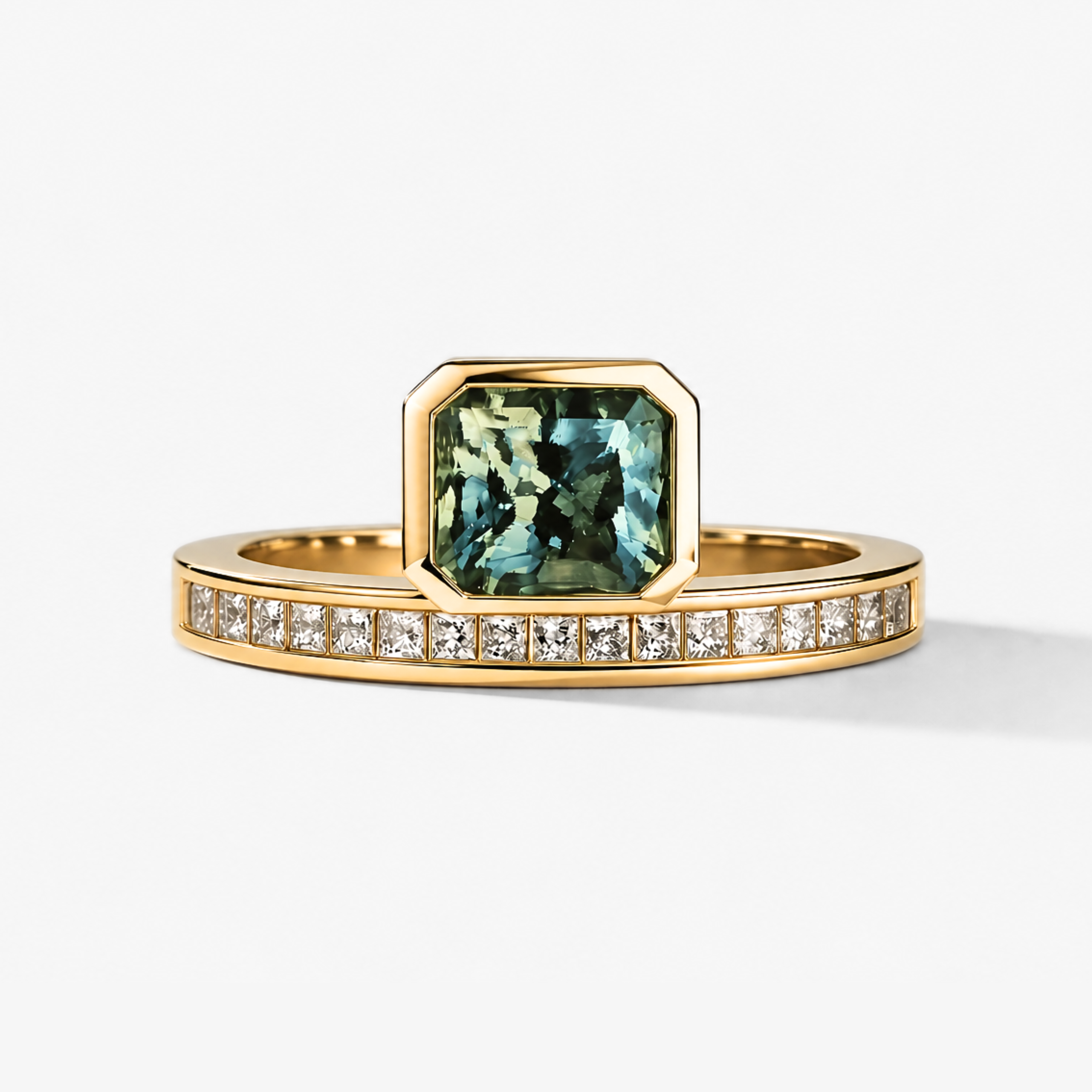Emerald Cut Green Tourmaline & Diamond Ring in Yellow Gold