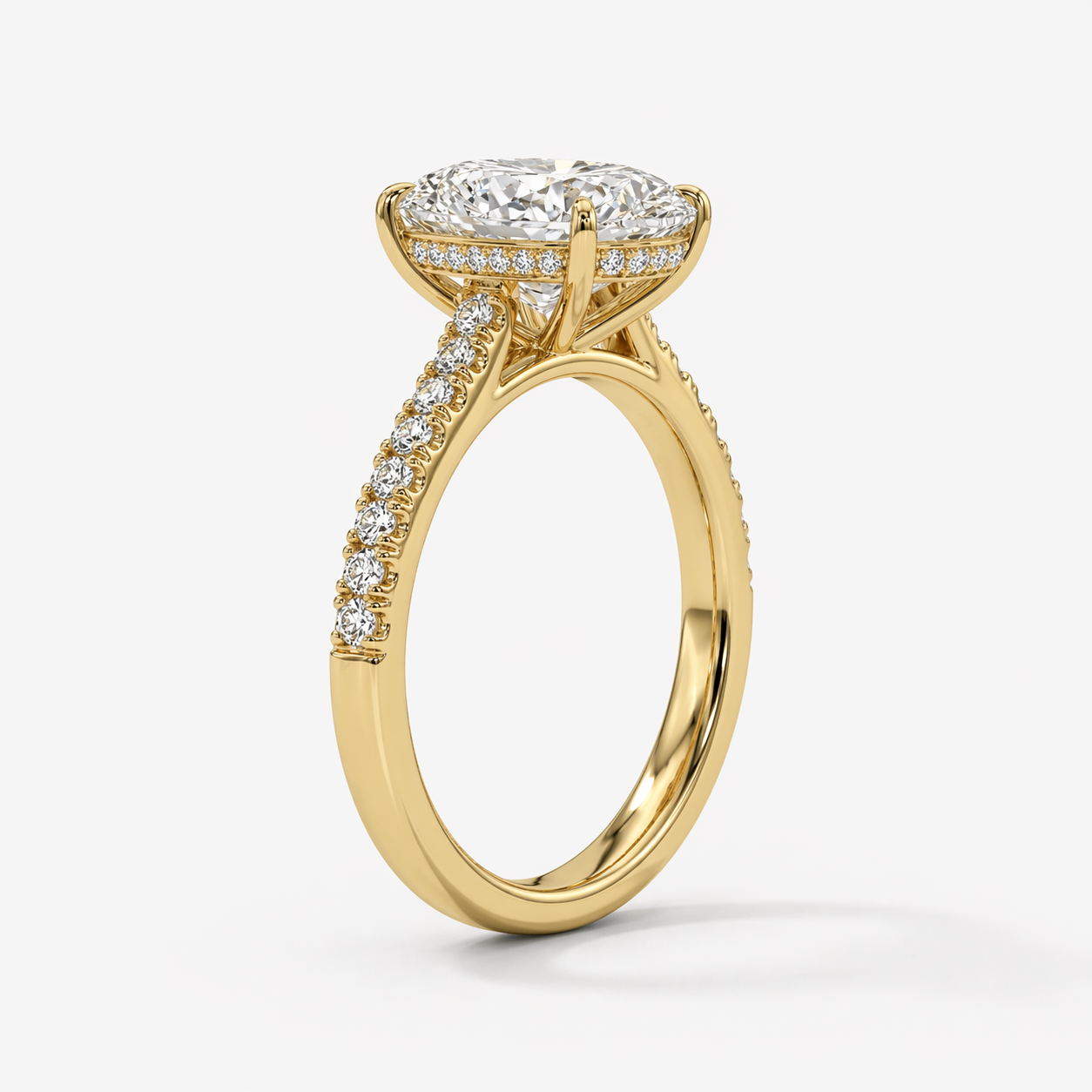Oval Diamond Engagement Ring with Pavé Band and Hidden Halo