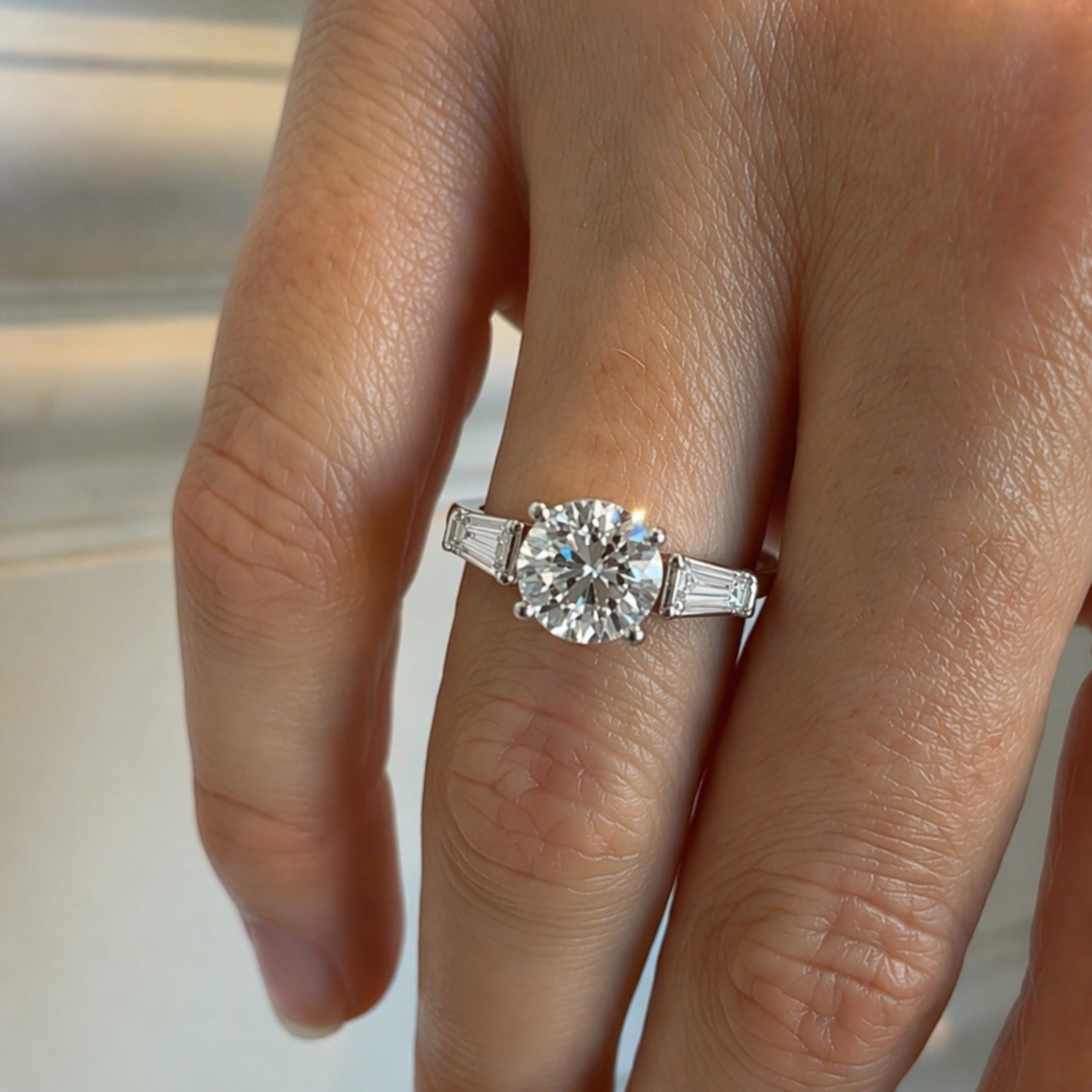 Round Brilliant Diamond Trilogy Ring with Tapered Baguette Side Stones